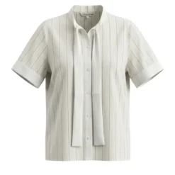 Helene Galwas Gestreifte Baumwollbluse mit Seidenschleifenkragen beige Bluse