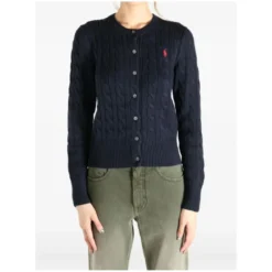 Polo Ralph Lauren Navy Blue Cable-Knit Cardigan With Fitted Silhouet Black Strickjacke
