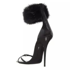 Saint Laurent Adorned With A Faux Fur Ankle Strap Black Riemchensandalen