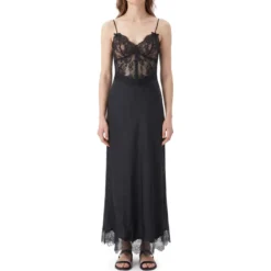 Self Portrait Midikleid aus Satin & Spitze schwarz Maxikleid