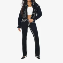 True Religion - Gerader Schnitt- Verkürzte Form- Weiße Ziernäh schwarz Jeansjacke