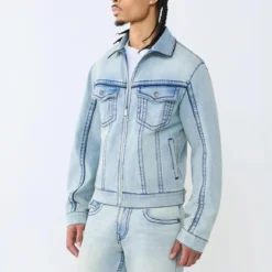True Religion - Jeansjacke- Motoinspirierte Details- Frontreiß hellblau