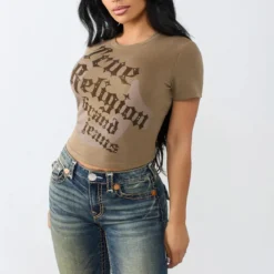 True Religion - T-Shirt- Figurbetont- Print auf Front- Zierst hell-braun T-Shirt