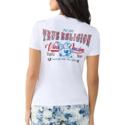 True Religion - T-Shirt- V-Ausschnitt- Markenlogo auf Front-weiss T-Shirt